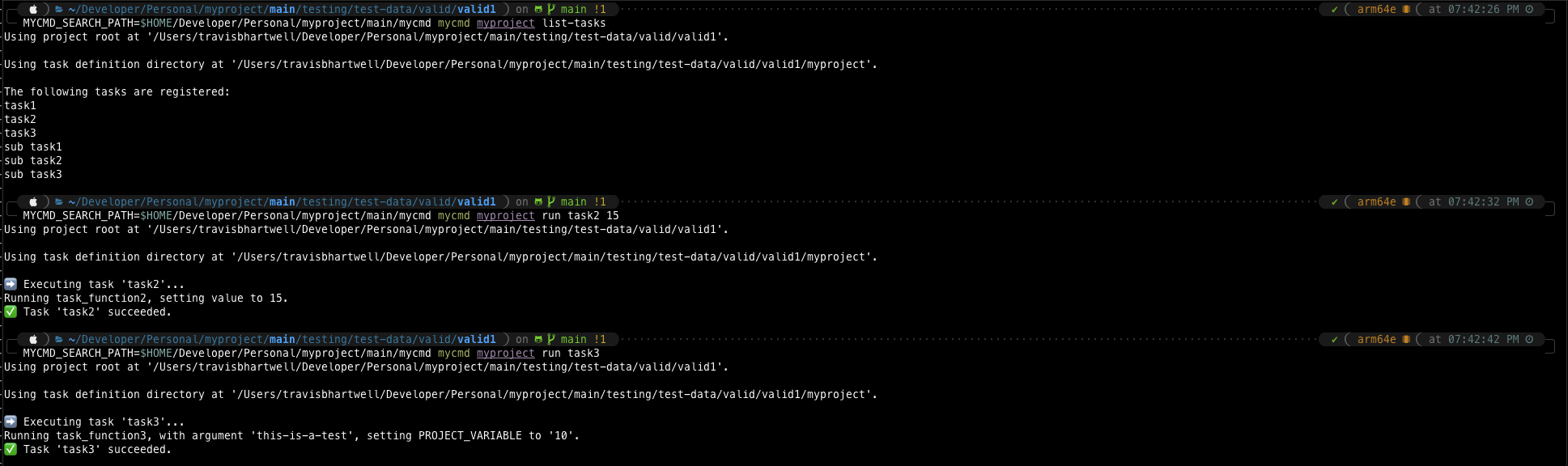 Executing mycmd myproject list-tasks and run