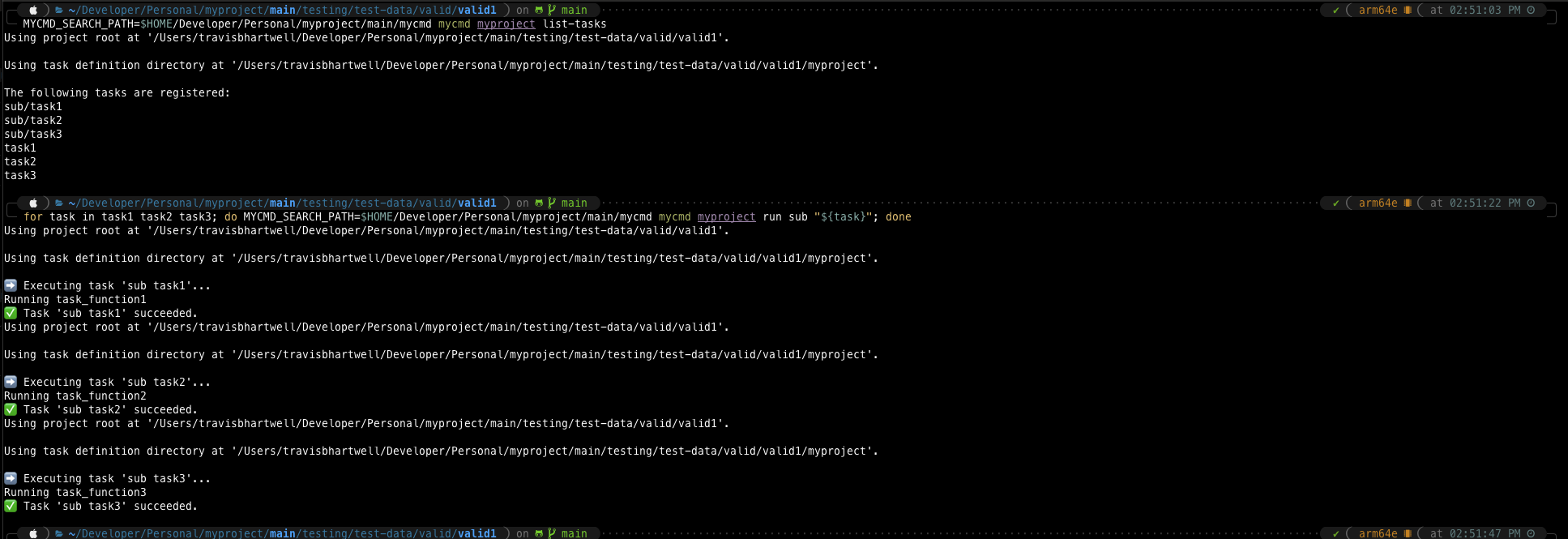 Executing mycmd myproject run sub task1